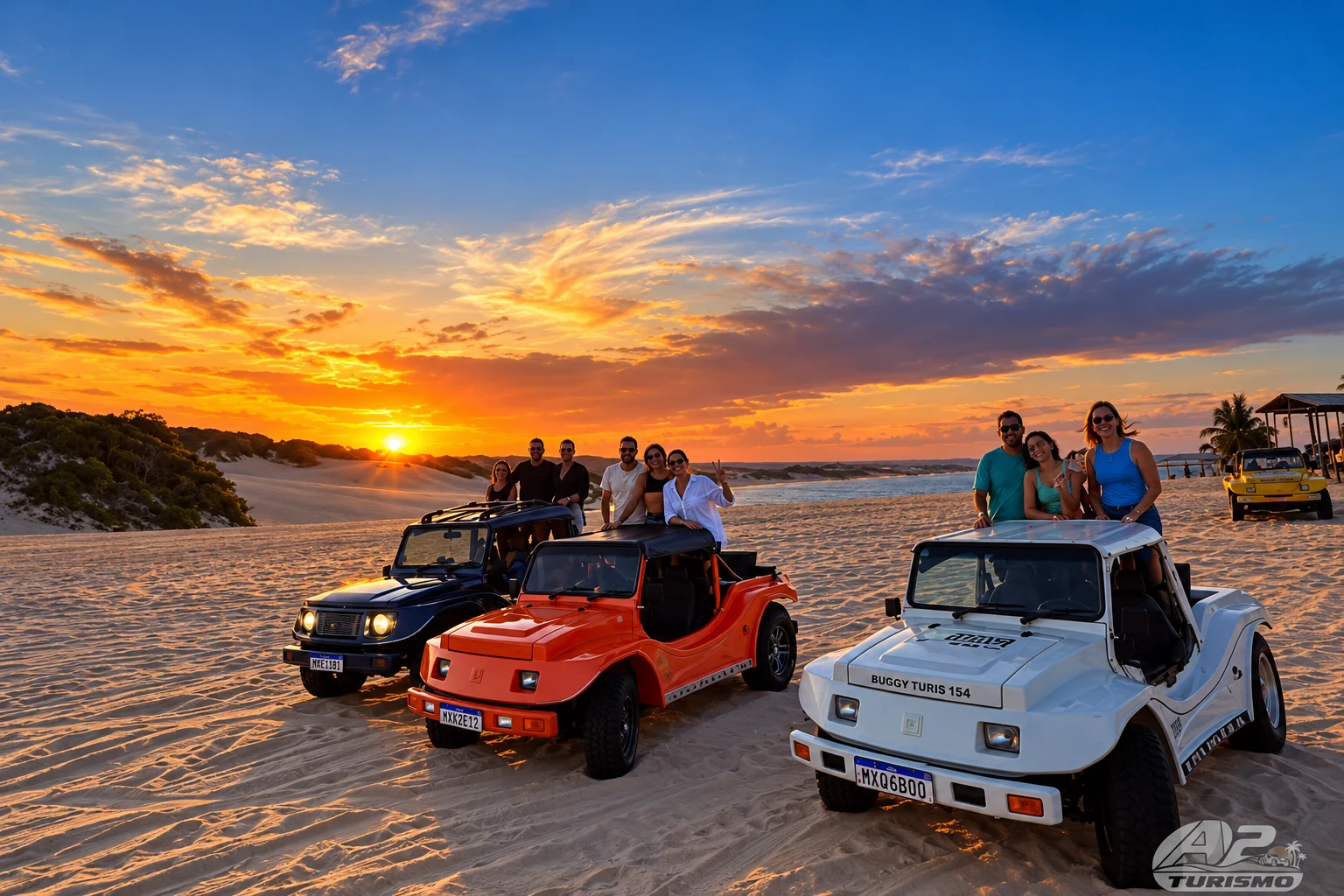 Grupo em buggys nas dunas ao pôr do sol em Natal