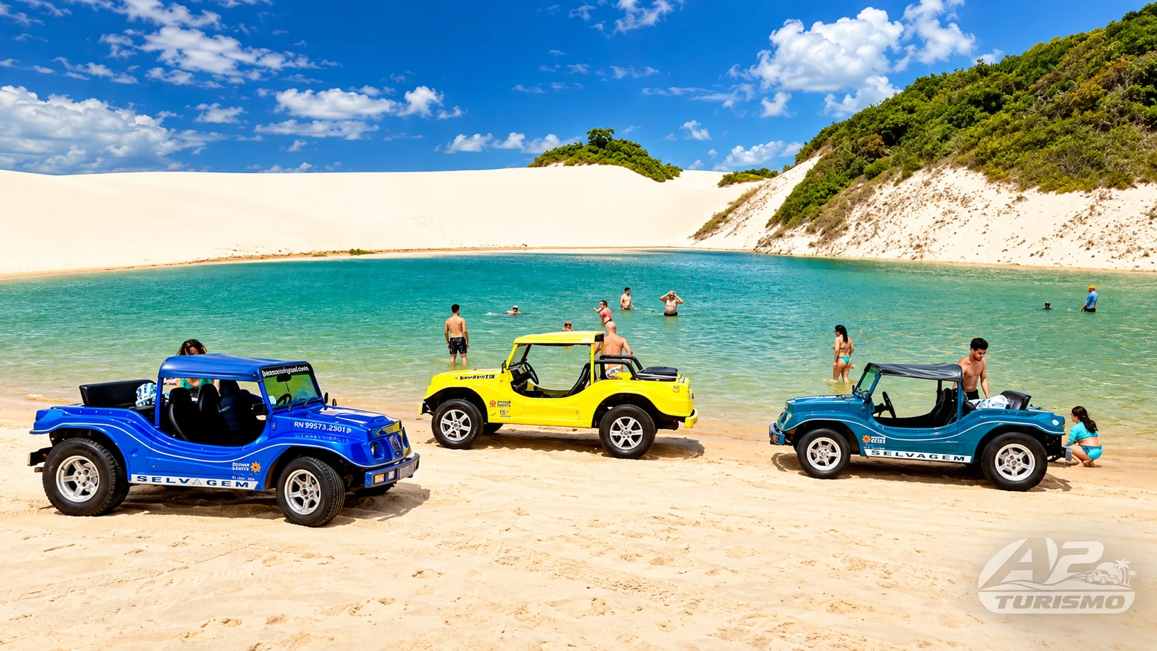 Buggys estacionados diante de uma lagoa entre dunas no RN