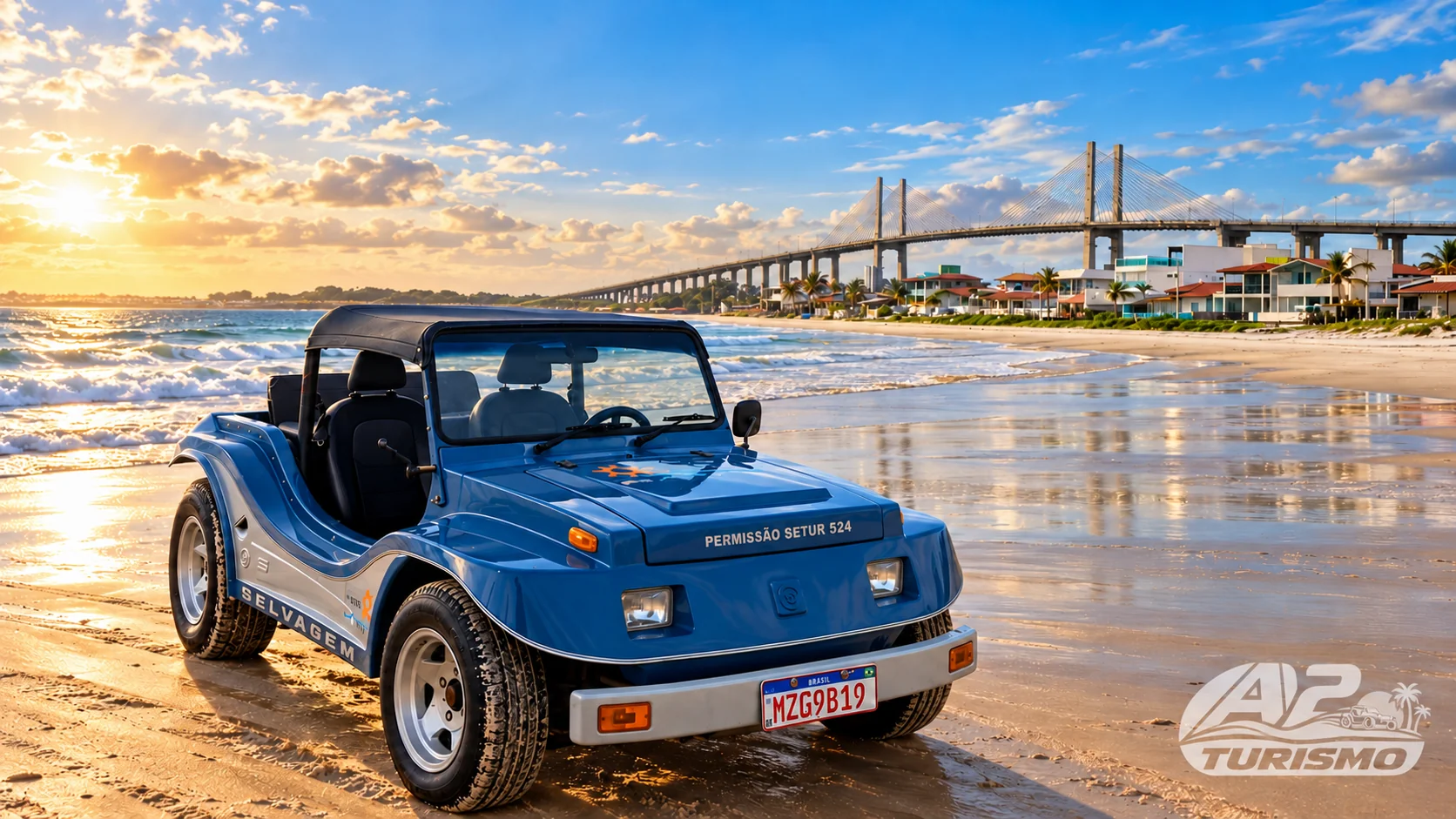 Buggy azul à beira da água com uma ponte ao fundo no pôr do sol